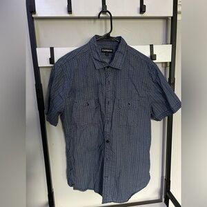 Navy blue and white button up collared shirt